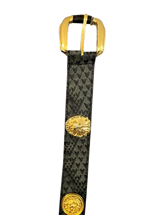 Vintage Gürtel schwarz | goldene Löwen-Metallschnalle | edles „n“-Detail | Statement-Piece | 80s/90s
