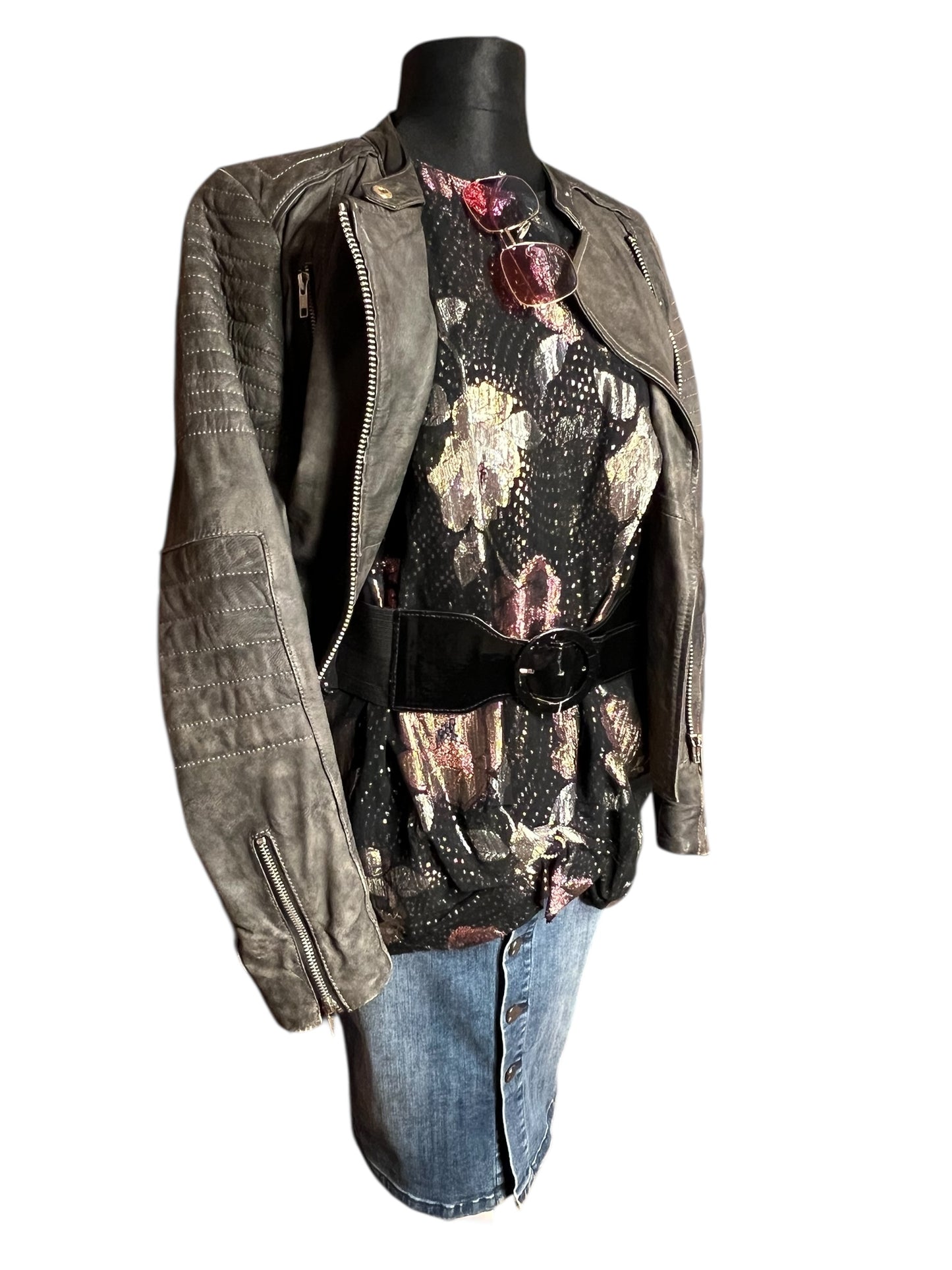 Vintage Glanzbluse Gr. 42 – West Germany – Metallic Blumen – 80s Glam Chic – Schwarz Gold Rosé