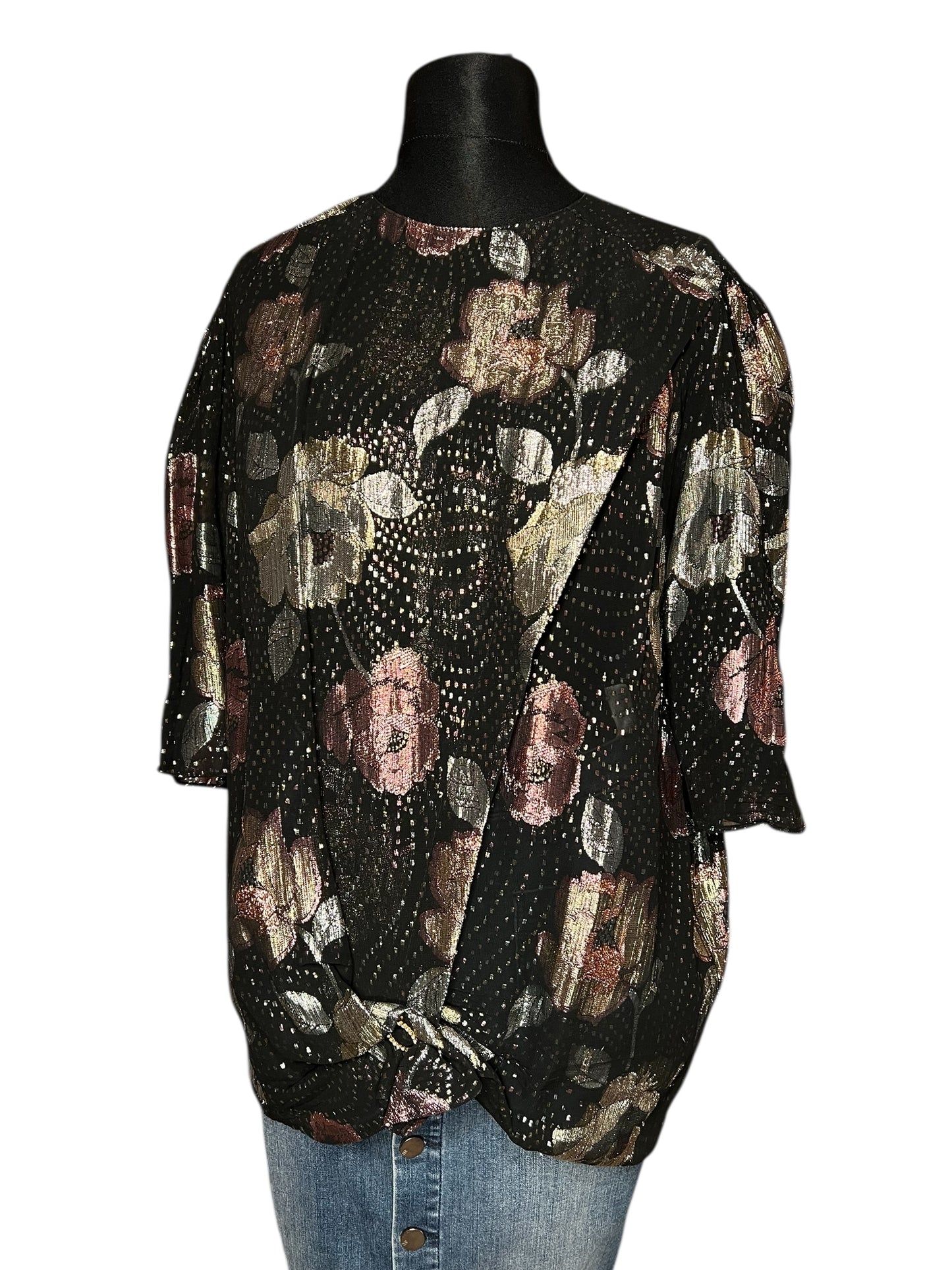 Vintage Glanzbluse Gr. 42 – West Germany – Metallic Blumen – 80s Glam Chic – Schwarz Gold Rosé