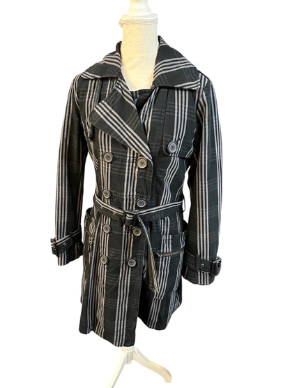 Vintage Y2K Trenchcoat M Schwarz/Grau kariert • Gestepptes Futter • Taillengürtel • EastWest