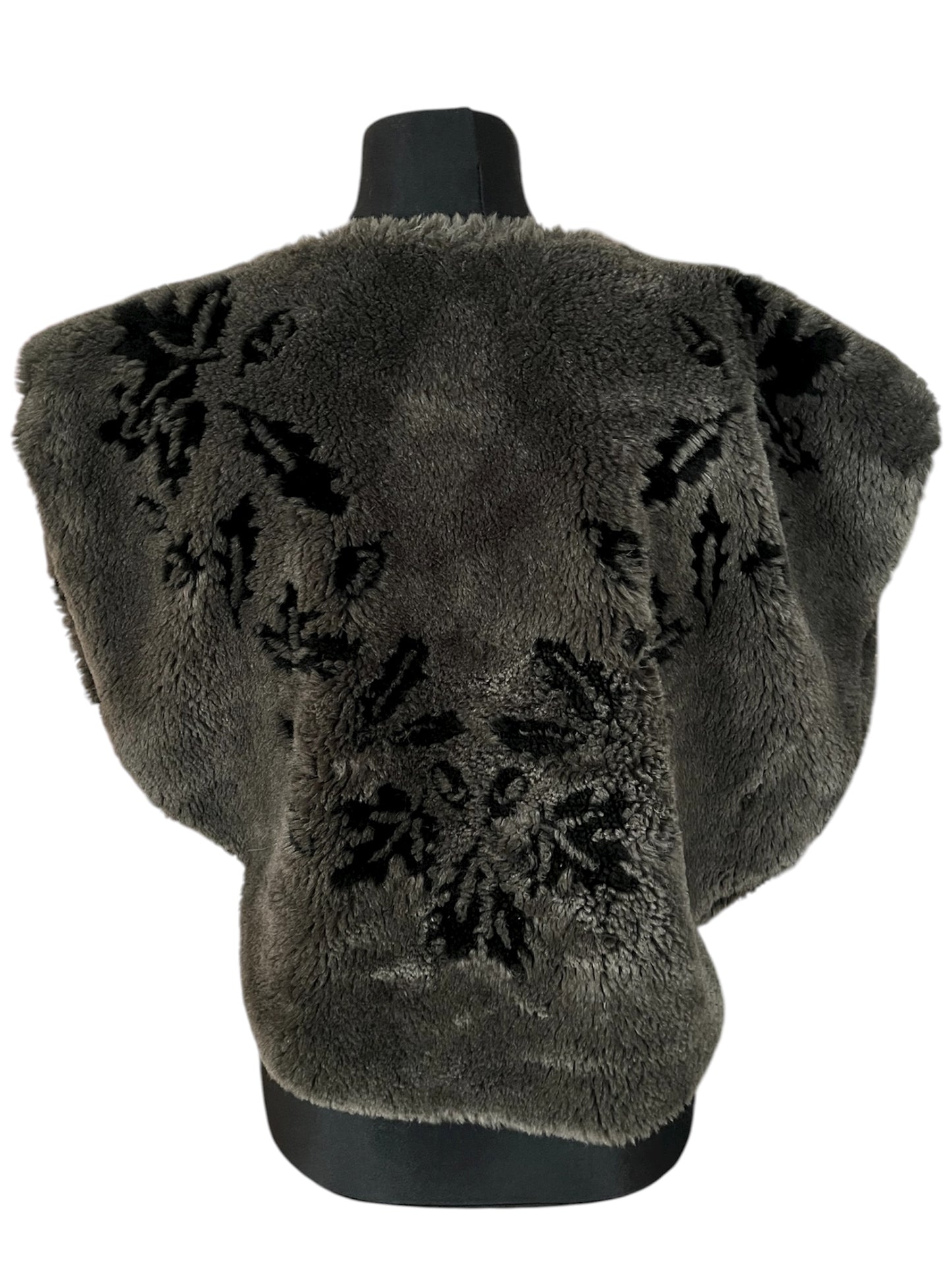 Vintage Kunstfell Weste Made in France – Dunkelgrau Schwarz Muster Bolero Oversized 38–42