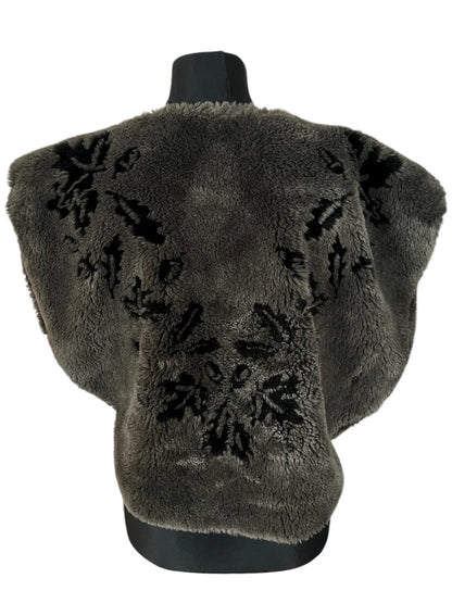 Vintage Kunstfell Weste Made in France – Dunkelgrau Schwarz Muster Bolero Oversized 38–42