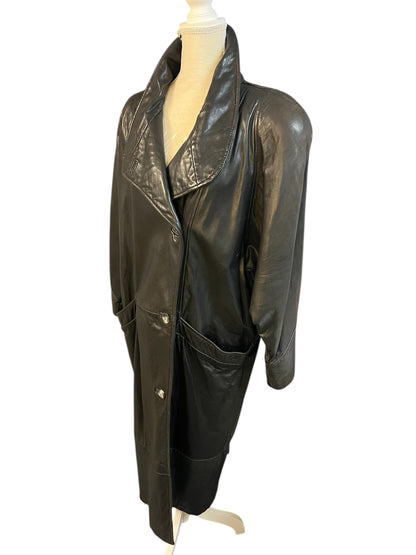 Vintage 80s Ledermantel Gr. L Schwarz • Echtleder Nappaleder • Oversize Long Coat • Schulterbetont