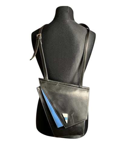 Vintage Leder Umhängetasche 80s – geometrisches Rautendesign – schwarz/blau – Statement Tasche
