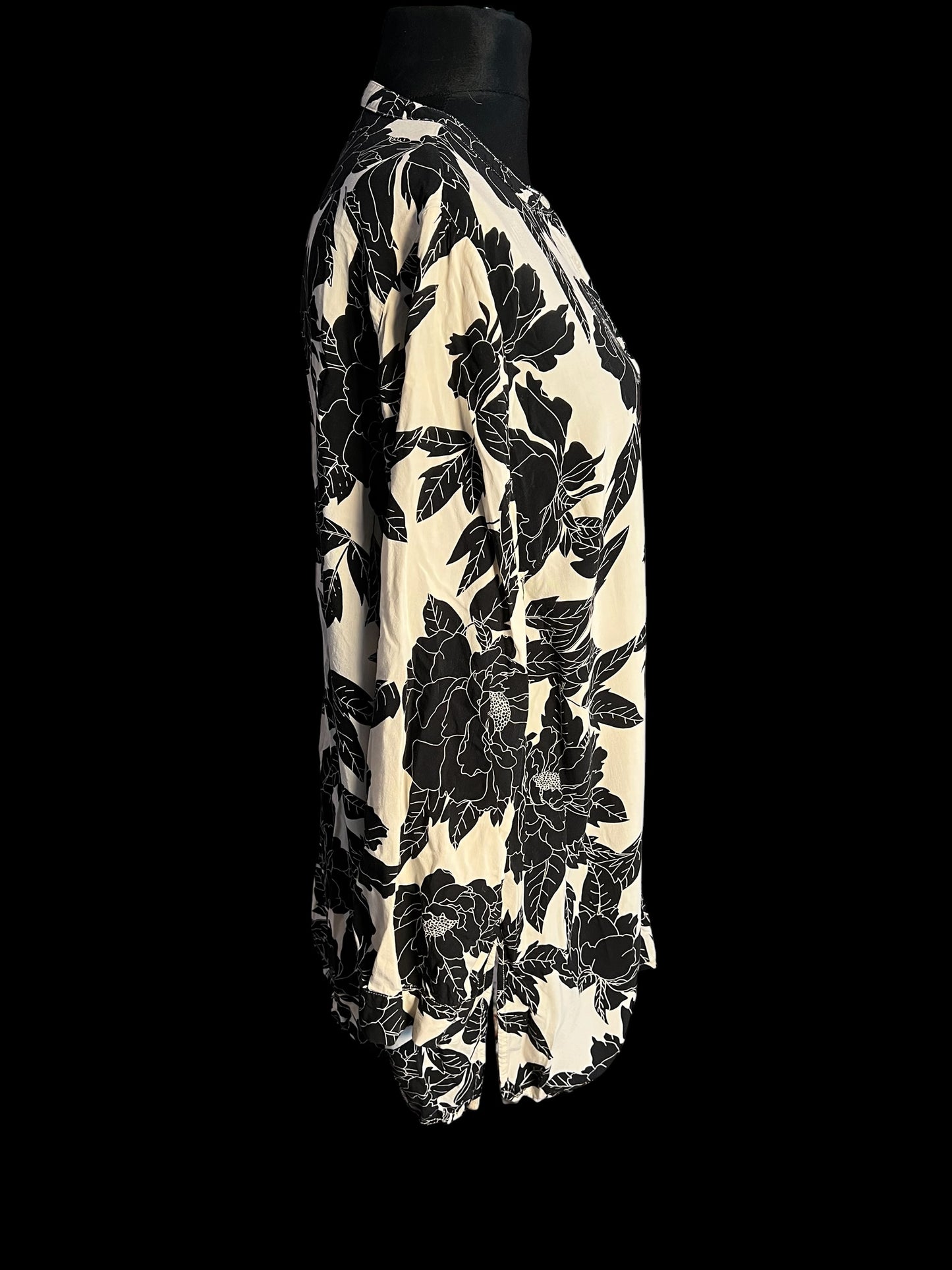 Sara Lindholm Blusenkleid Tunika 44 Viskose Creme Schwarz Floral Print Boho Kleid locker Elegant Plus Size