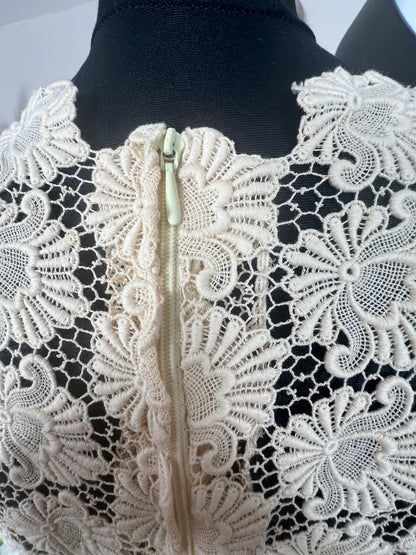 Vintage Spitzen-Top 38 M Ivory 80s Handmade Unikat mit Schulterpolstern Bluse