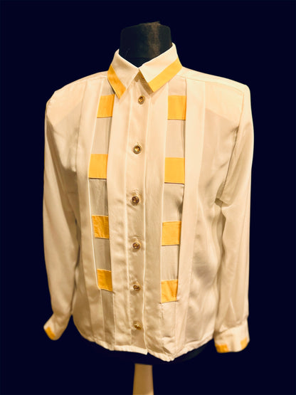 Vintage Alexander Bluse Gr. 42 | Weiß mit Gelben Details & Goldknöpfen | 80s Retro Statement Piece