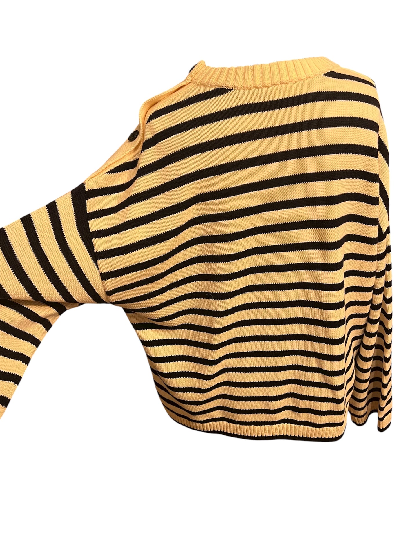 Arket Strickpullover L – Creme Schwarz Gestreift, Knopfleiste, Baumwolle