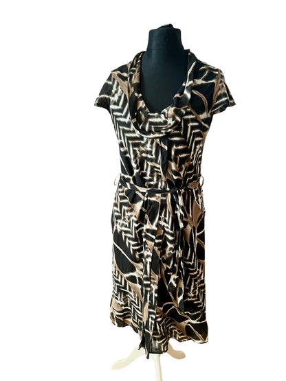 Hugo Boss Kleid Schwarz Braun Gemustert Gr M 38 40 Sommerkleid Bindegürtel Schalkragen Midi Elegant