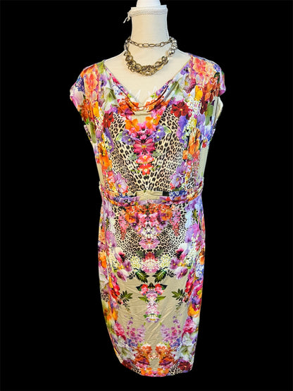 Vintage Apanage Jersey Kleid Gr 44 46 – Beige bunt Blumen & Leo Print | Waterfall Ausschnitt | Y2K