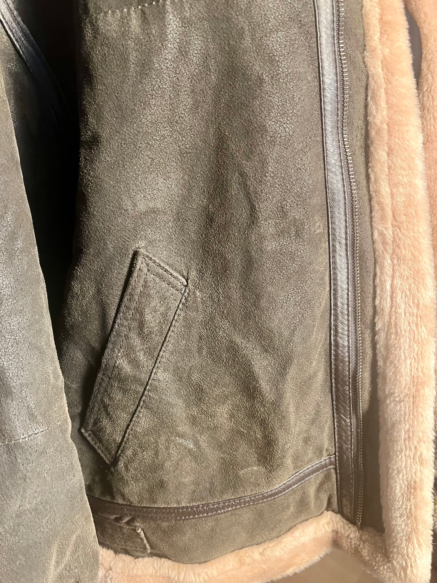 Vintage Lederjacke Echtleder Teddyfutter Unisex 42 L XL kastig Boxy 90s Y2K braun grün Conbipel