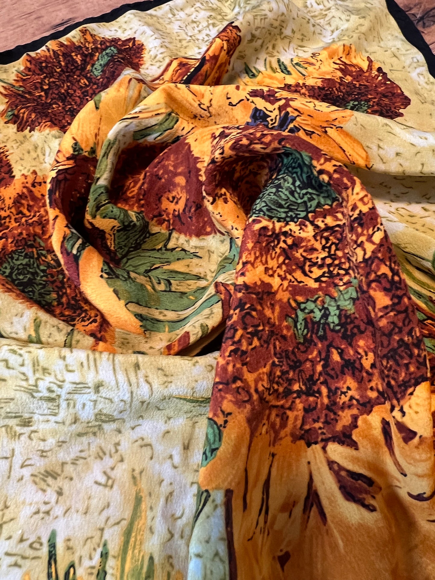 Vintage Seidentuch Sonnenblumen Van Gogh Motiv Kunst 50x50 gelb blau Seide 90s