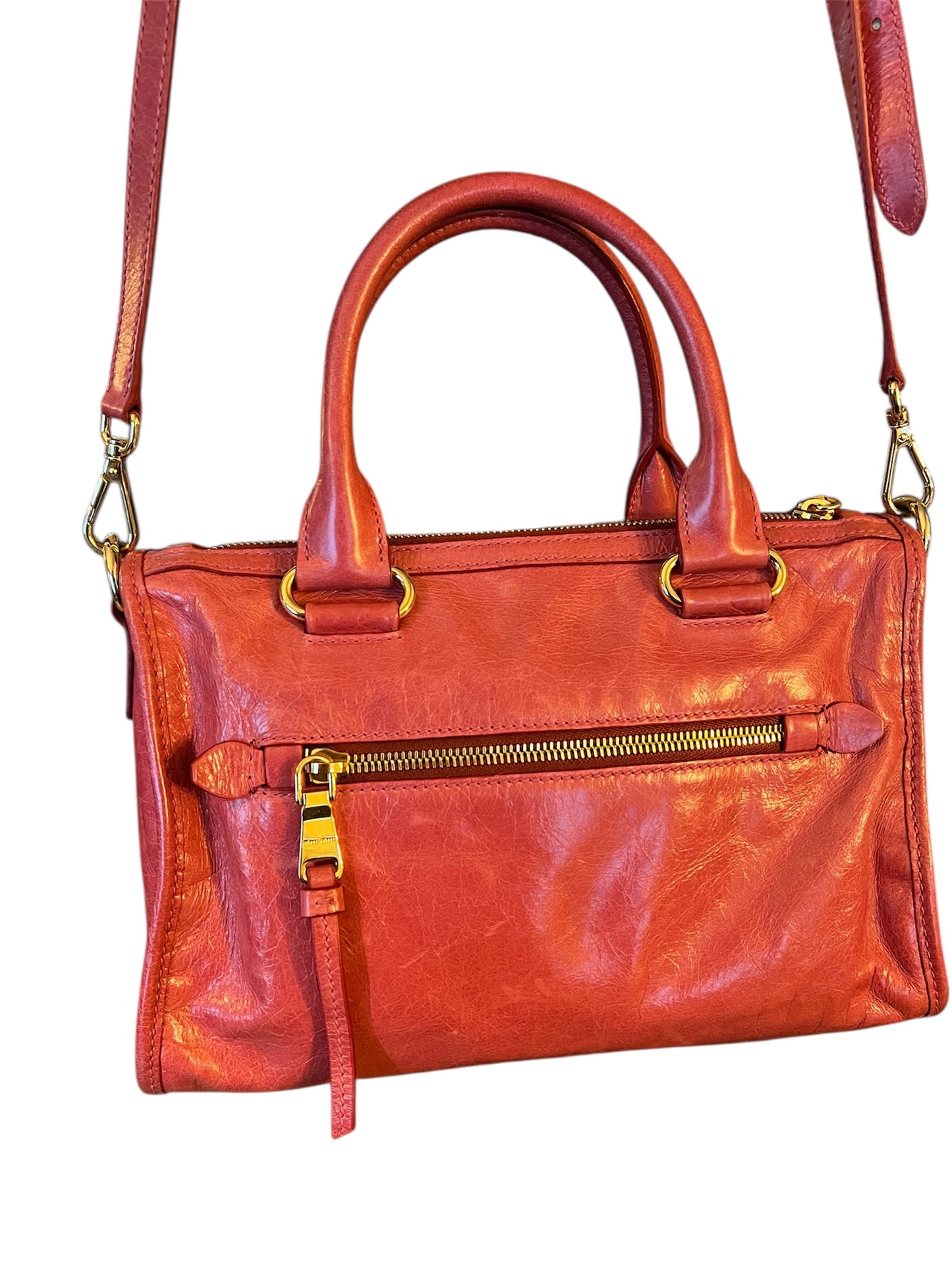 Miu Miu Vitello Shine Schultertasche Himbeer Peonia Leder Designer Bag Original