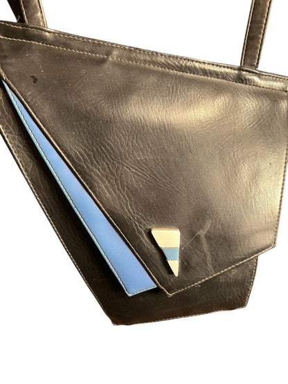 Vintage Leder Umhängetasche 80s – geometrisches Rautendesign – schwarz/blau – Statement Tasche