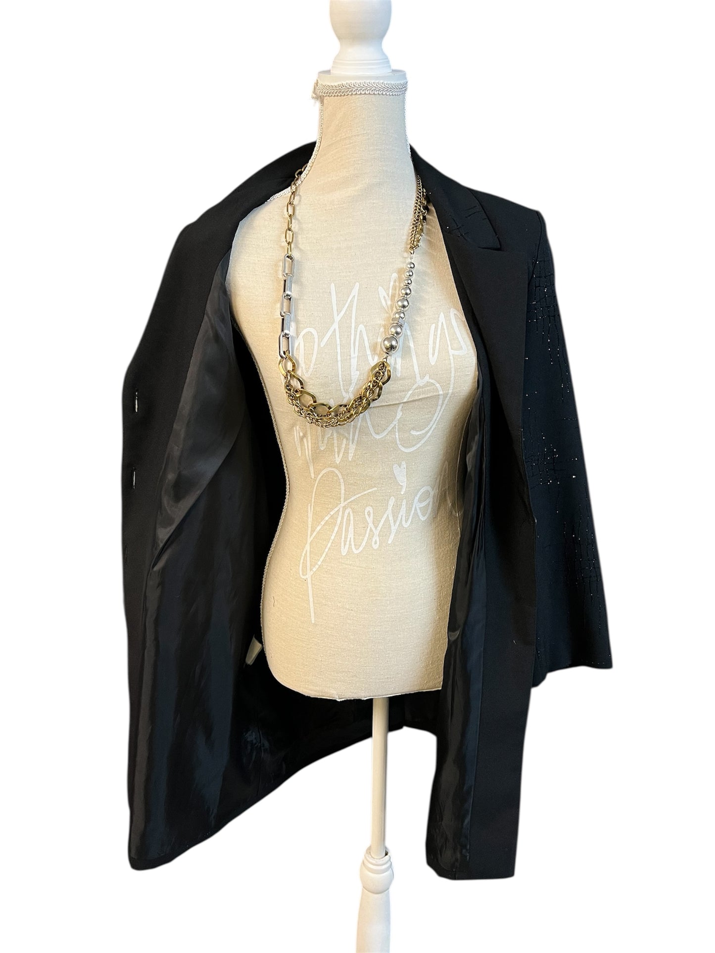 Vintage Longblazer Jenny Paris | 90s / Y2K | schwarz mit Glitzer-Gitter | figurbetont | DE 38