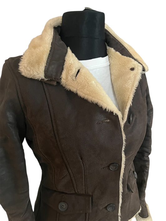 True Vintage Lederjacke XS/34 Braun Teddyfell Pilotenjacke Made in Italy 80s