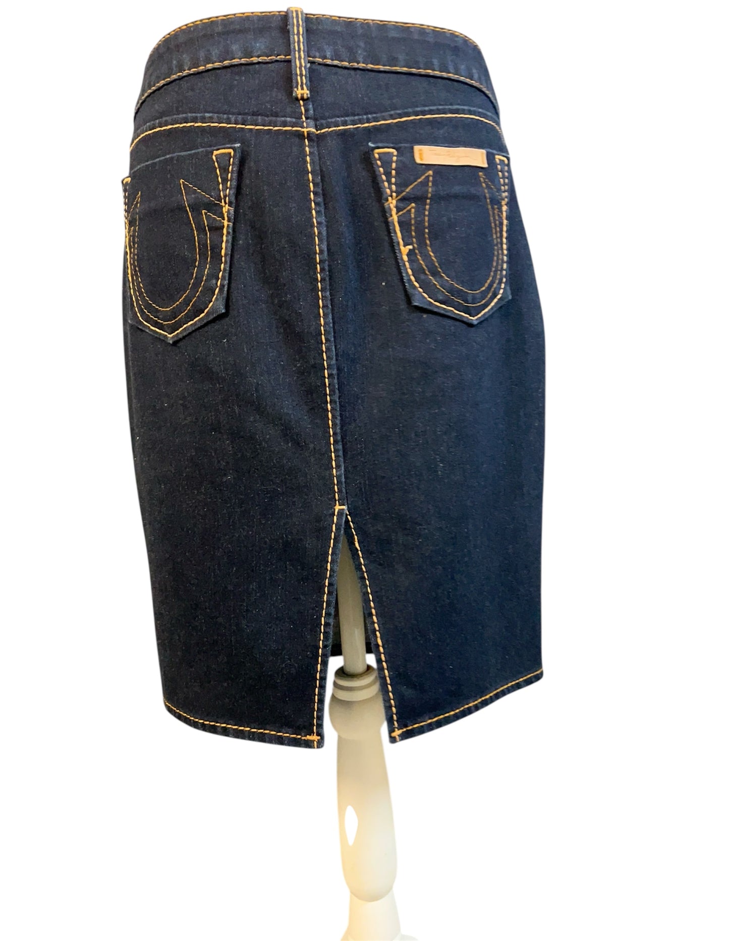 True Religion Jeansrock – Dunkelblau Denim Midi – Gehschlitz hinten – W29 / DE 38 - 40