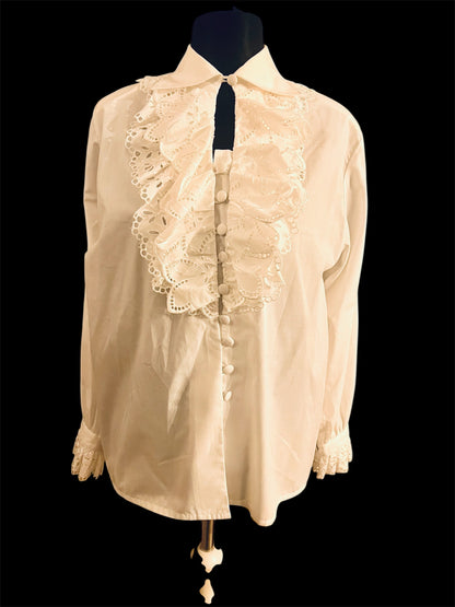 Vintage Bluse Weiß • Gr. 38- 42 • Spitze & Stoffknöpfe • 80er/90er • Gothic Dark