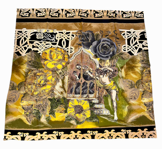 Otto Kern Vintage Seidentuch – 100 % Seide, Art Nouveau Motiv, 80×80 gelb schwarz grün