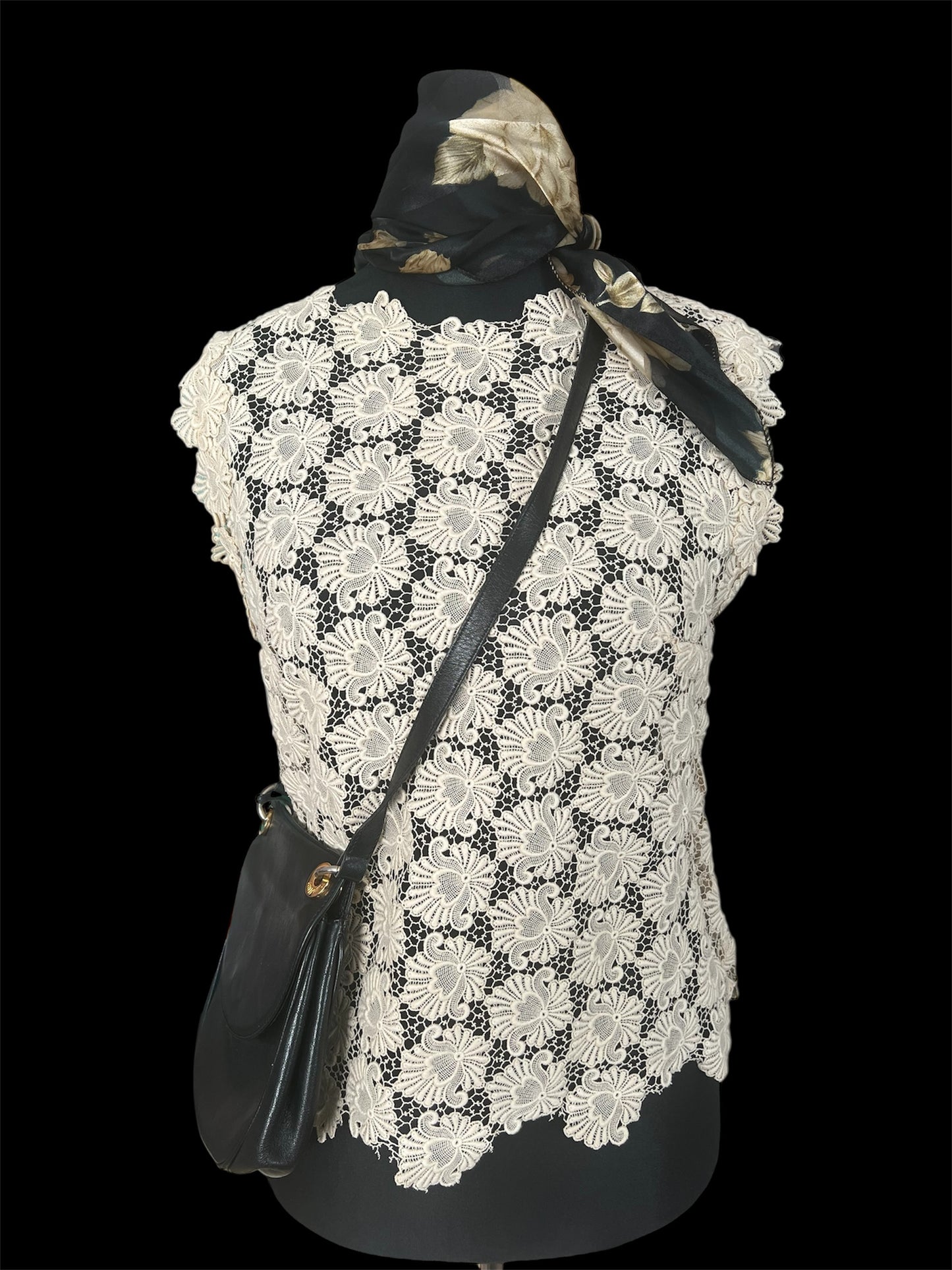 Vintage Spitzen-Top 38 M Ivory 80s Handmade Unikat mit Schulterpolstern Bluse