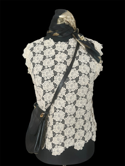 Vintage Spitzen-Top 38 M Ivory 80s Handmade Unikat mit Schulterpolstern Bluse