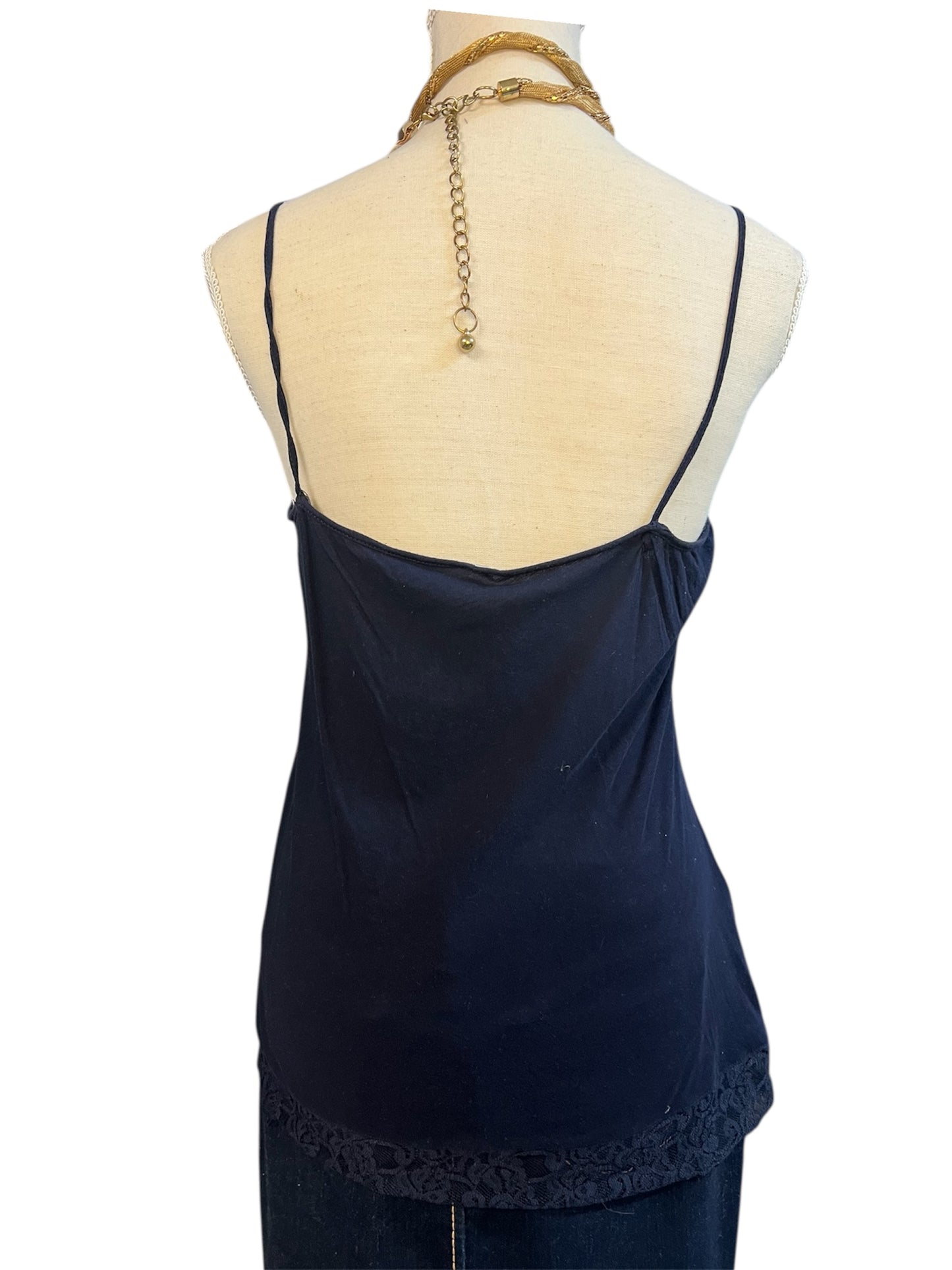 Vintage Spitzen Top dunkelblau – 90s Y2K Spaghettiträger – Lace Jersey – Gr. 38/40