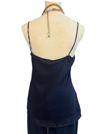 Vintage Spitzen Top dunkelblau – 90s Y2K Spaghettiträger – Lace Jersey – Gr. 38/40