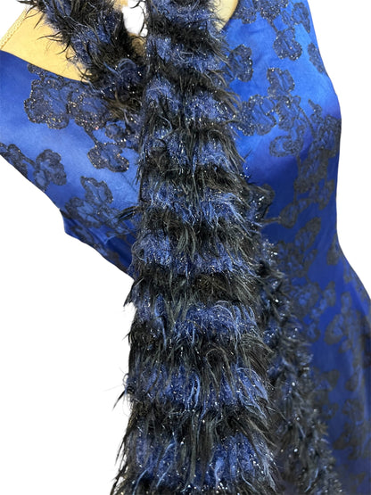 Vintage Abendkleid + Stola Midi blau schwarz 36 38 | Satinlook mit Glitzerstickerei | figurbetont | 90er Y2K Festkleid