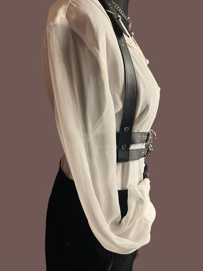 Vintage Bluse Ivory Weiß | Transparent Ärmel | Statement Kragen | Zierdetails | 80s / 90s Chic | Gr. 40