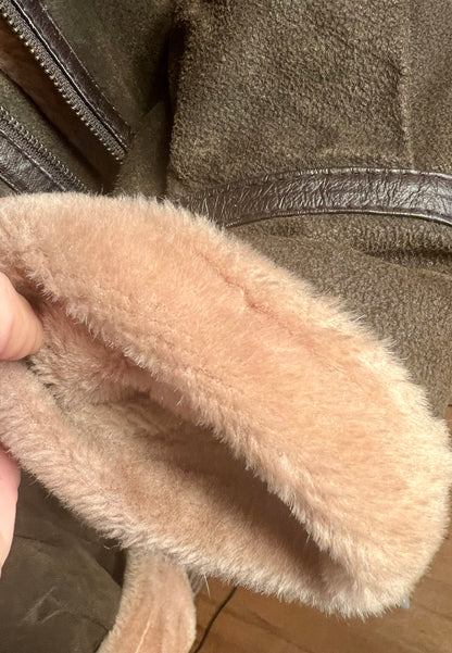 Vintage Lederjacke Echtleder Teddyfutter Unisex 42 L XL kastig Boxy 90s Y2K braun grün Conbipel