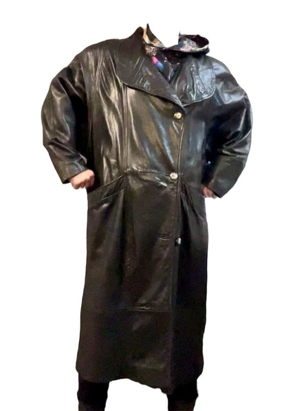 Vintage 80s Ledermantel Gr. L Schwarz • Echtleder Nappaleder • Oversize Long Coat • Schulterbetont
