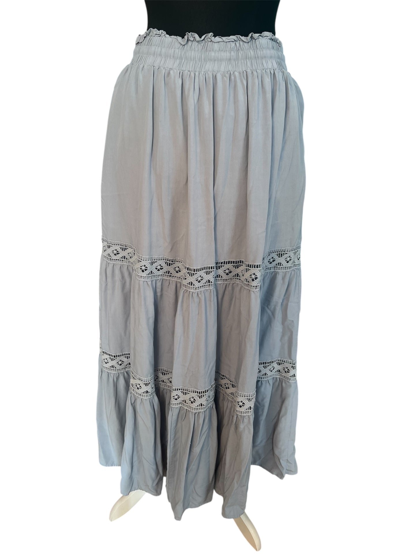 Hippie Style Maxirock Hellblau von Scarlet Darkness – Gr. 38 40 M L Gummizug Boho Spitze