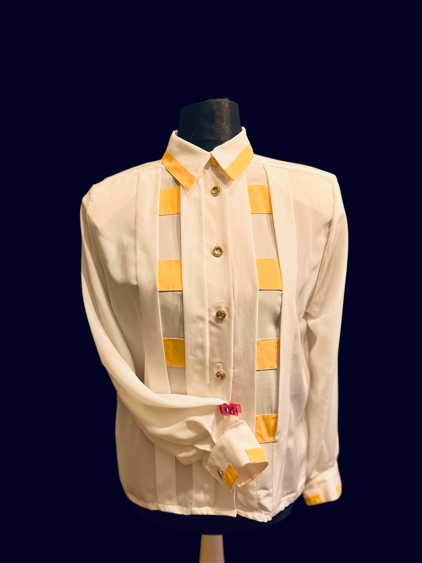 Vintage Alexander Bluse Gr. 42 | Weiß mit Gelben Details & Goldknöpfen | 80s Retro Statement Piece