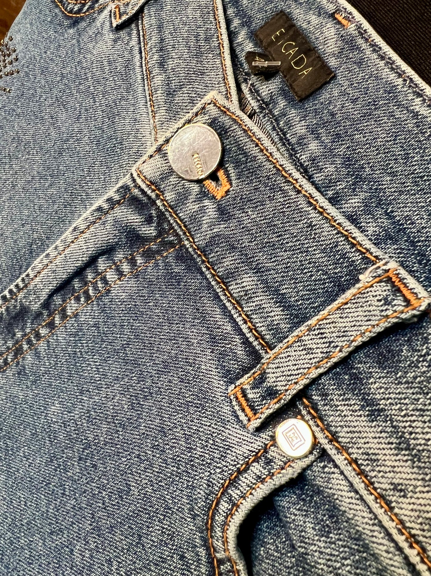 Escada Jeans Gr 40 M Medium Blue Strass Straight Fit Logo Detail Vintage y2k 2000er
