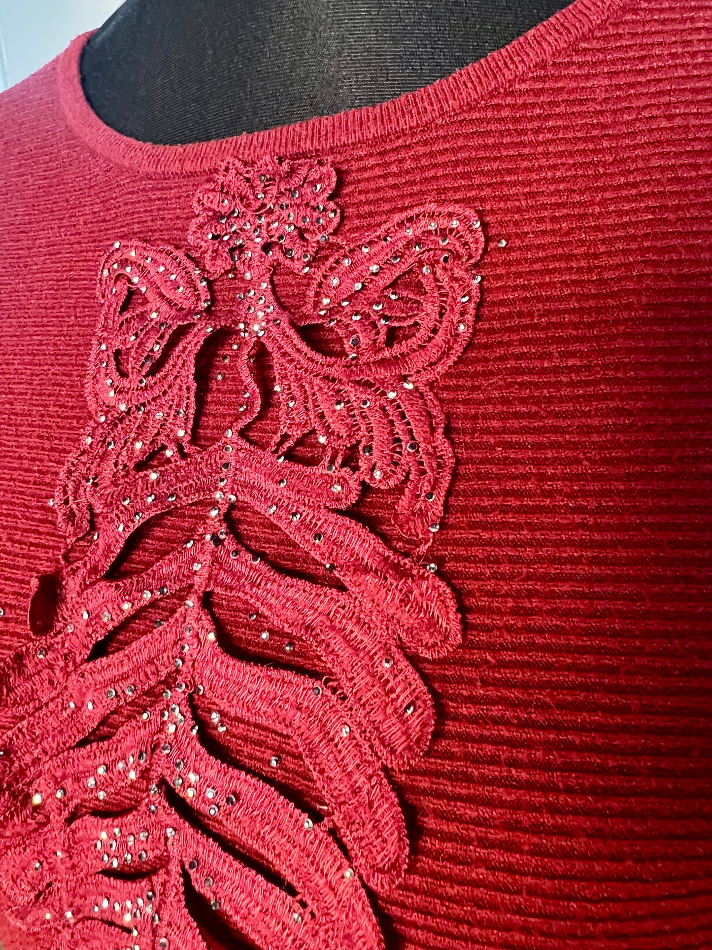 Vintage Pullover weinrot Fledermaus Fit Gr. 40 42 Stickerei Glitzer 90s y2k Grunge