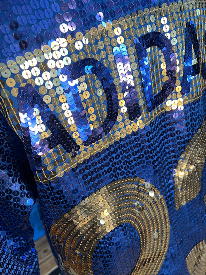 Vintage adidas x Jeremy Scott Paillettenkleid Jersey Dress Blau Gold Gr. M Festival Y2K Rare