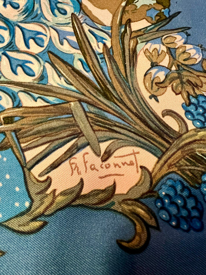 Hermès Vintage Tuch „Perroquets et Fruits“ 1972 – François Faconnable, Seide, Papageien blau