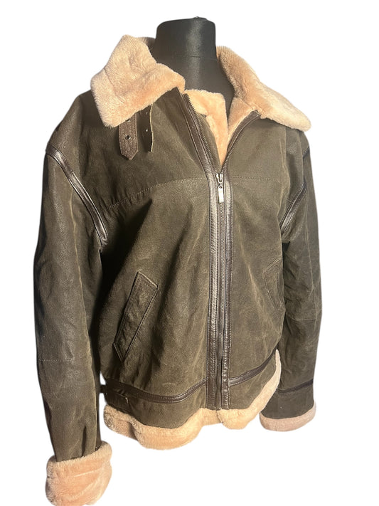 Vintage Lederjacke Echtleder Teddyfutter Unisex 42 L XL kastig Boxy 90s Y2K braun grün Conbipel