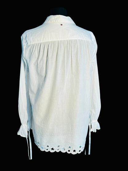 Tommy Hilfiger Vintage Bluse 38 40 M L Weiß Lochmuster Goldknöpfe Y2K