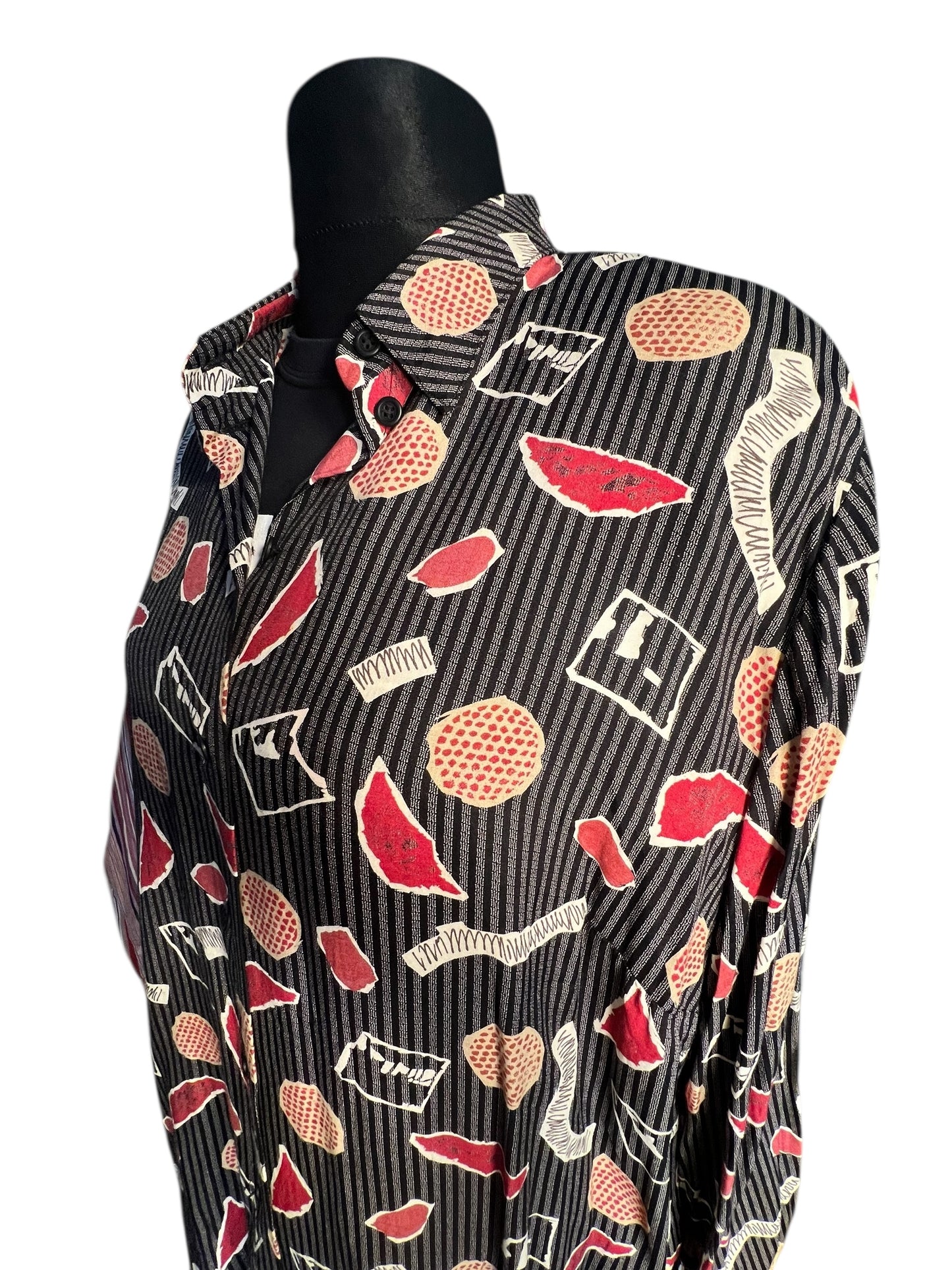 Vintage 80s/90s Oversize Bluse Rio Gr. 48 | Schwarz Grau Rot | Viskose | Statement Pattern