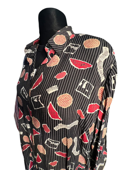 Vintage 80s/90s Oversize Bluse Rio Gr. 48 | Schwarz Grau Rot | Viskose | Statement Pattern