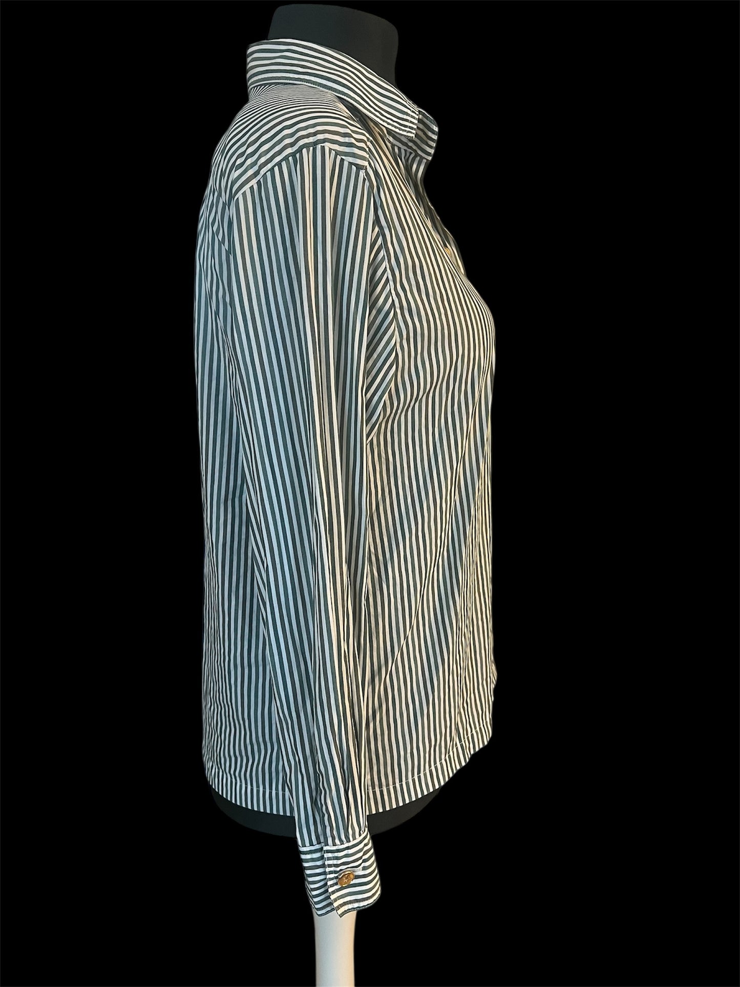 Vintage Tru Bluse Gr. 40 – Weiß mit grünen Streifen | Goldknöpfe | 90s Chic