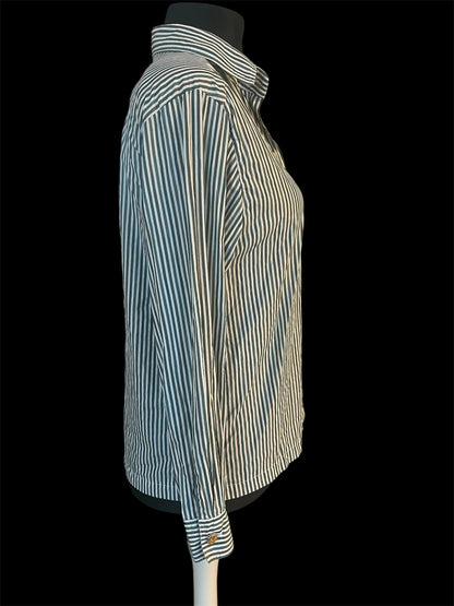 Vintage Tru Bluse Gr. 40 – Weiß mit grünen Streifen | Goldknöpfe | 90s Chic