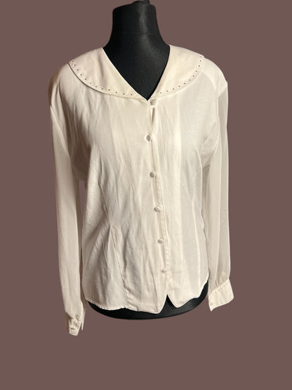 Vintage Bluse Ivory Weiß | Transparent Ärmel | Statement Kragen | Zierdetails | 80s / 90s Chic | Gr. 40