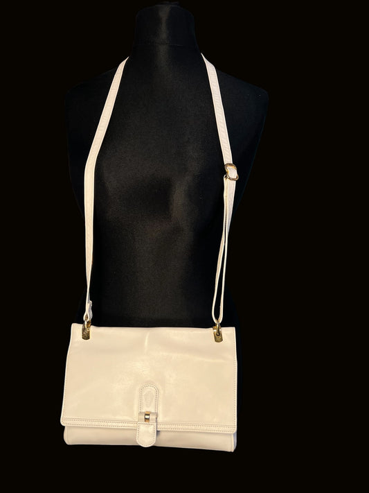 Medici Vintage Leder Tasche 80s Weiß Gold Wappenlogo West Germany Schultertasche Old Money Bag