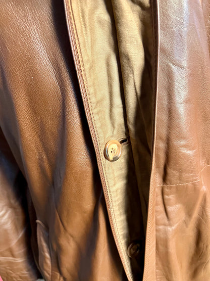 Vintage Ledermantel Cognac Braun Lang | Echtleder Mantel mit Gürtel | Gr. 40 - 42 / M 48 | 90s Retro Trench Mantel Unisex