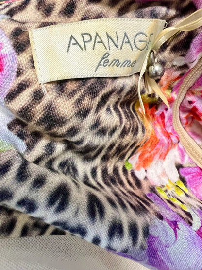 Vintage Apanage Jersey Kleid Gr 44 46 – Beige bunt Blumen & Leo Print | Waterfall Ausschnitt | Y2K