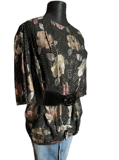Vintage Glanzbluse Gr. 42 – West Germany – Metallic Blumen – 80s Glam Chic – Schwarz Gold Rosé