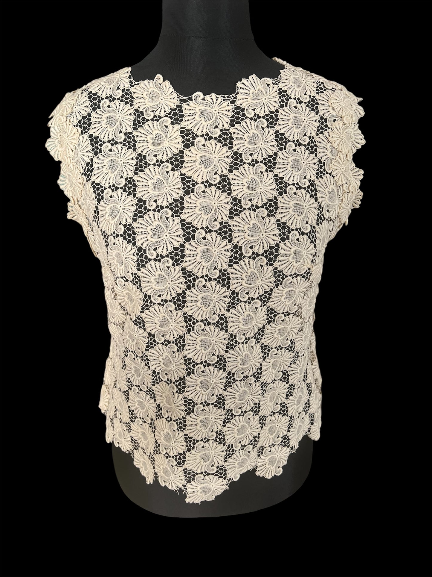 Vintage Spitzen-Top 38 M Ivory 80s Handmade Unikat mit Schulterpolstern Bluse