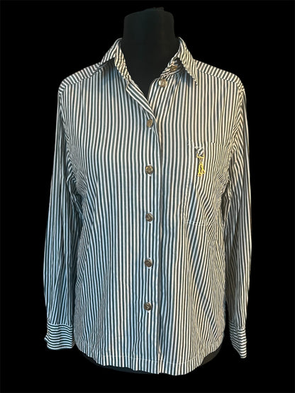 Vintage Tru Bluse Gr. 40 – Weiß mit grünen Streifen | Goldknöpfe | 90s Chic